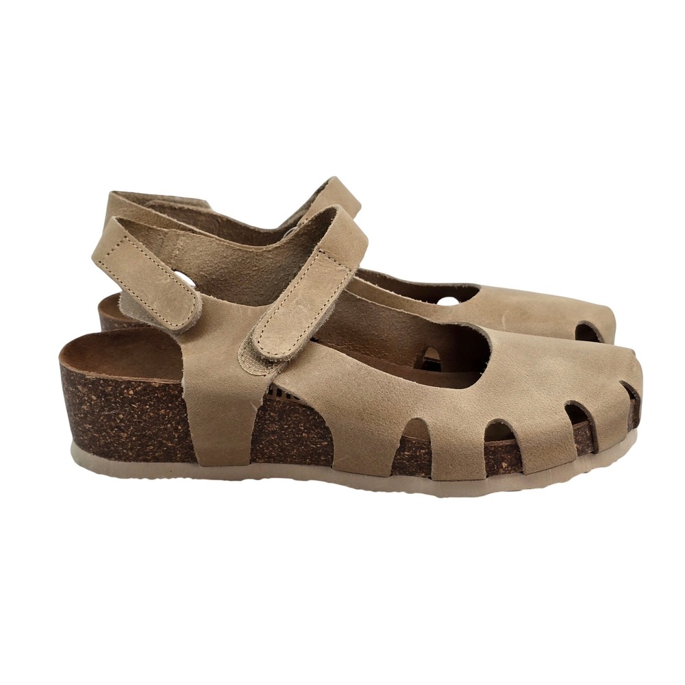 Plakton Tan Leather Cork Wedge Sandals Made in Spain Women US 7 EU 38